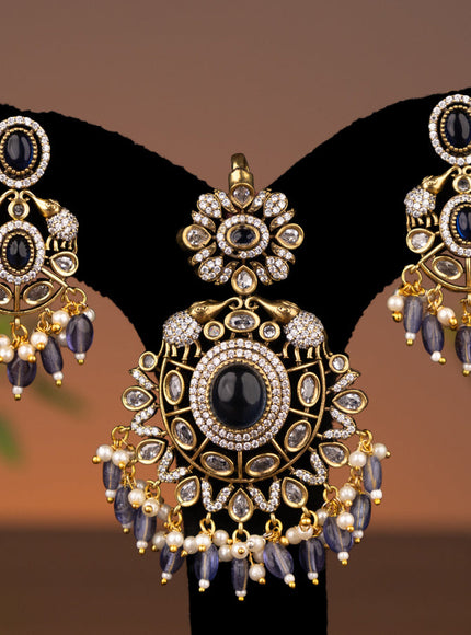 Victorian finish pendant set elephant design with sapphire & cz stones and beads hanging