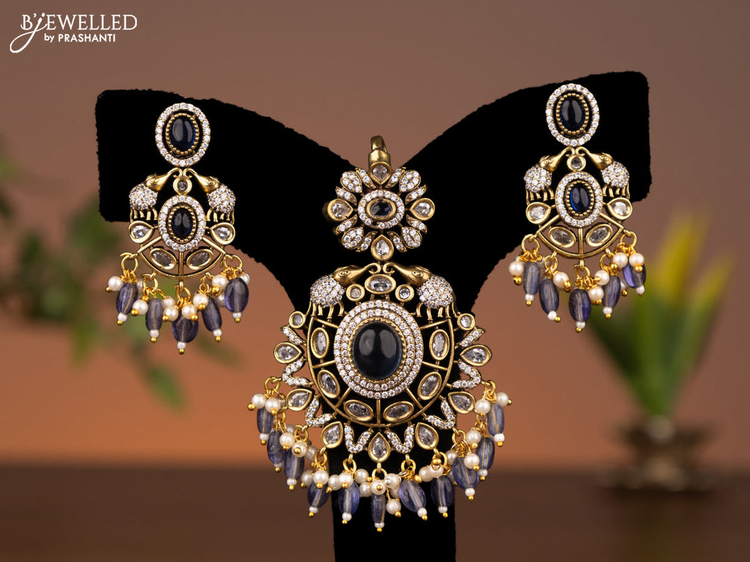 Victorian finish pendant set elephant design with sapphire & cz stones and beads hanging