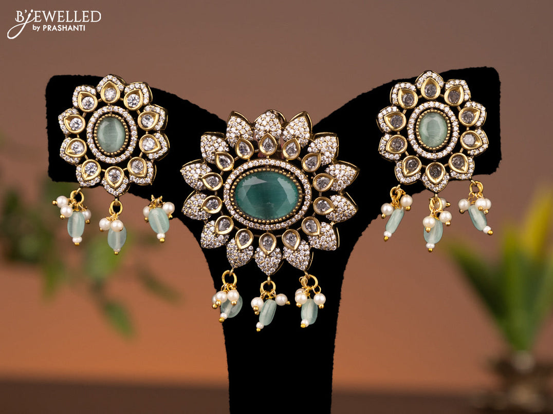 Victorian finish pendant set with mint green & cz stones and beads hanging