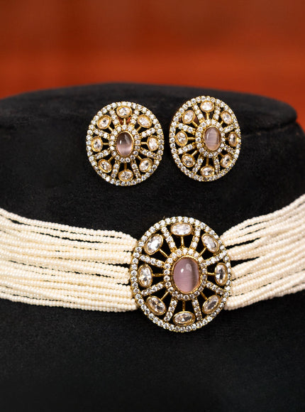 Pearl choker with baby pink and cz stones