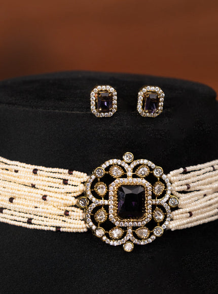 Pearl choker with violet and cz stones