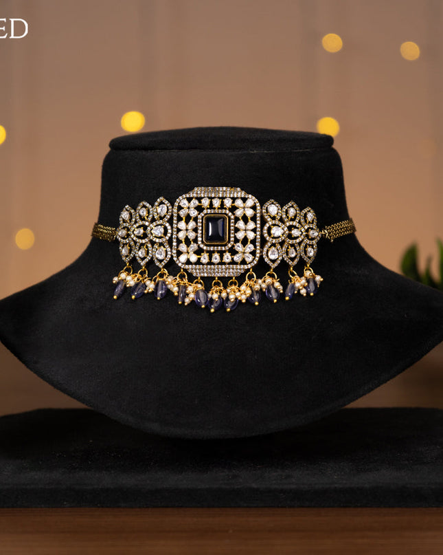 Victorian finish choker with violet & kundan stones and beads hanging