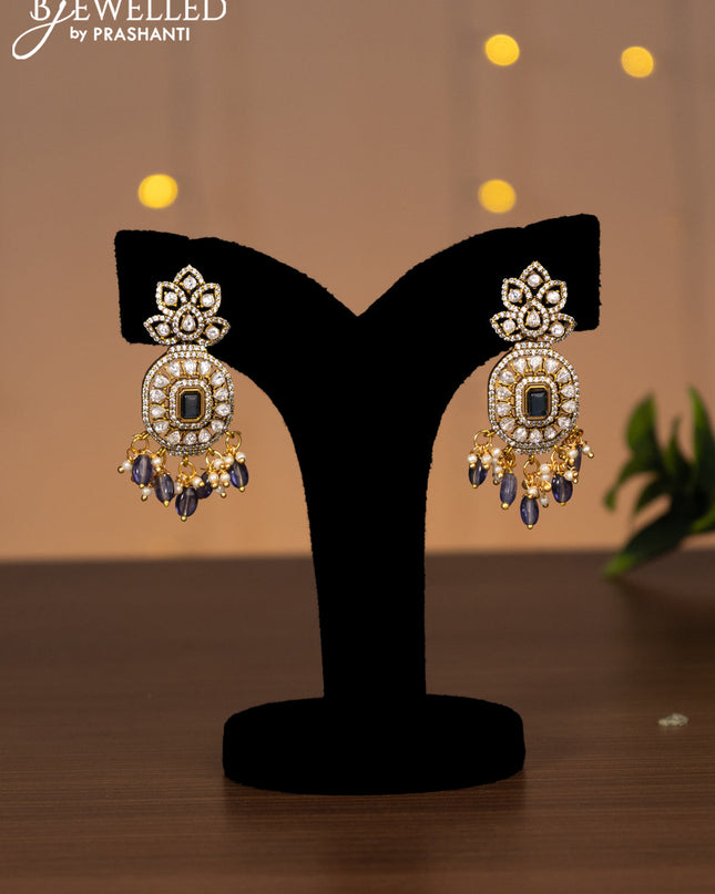 Victorian finish choker with violet & kundan stones and beads hanging