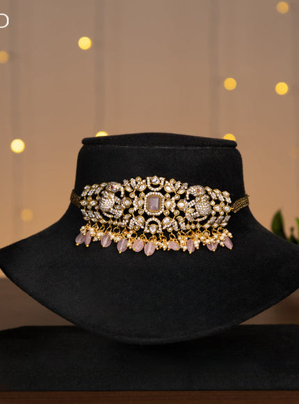Victorian finish choker elephant design with baby pink cz stones and beads hanging