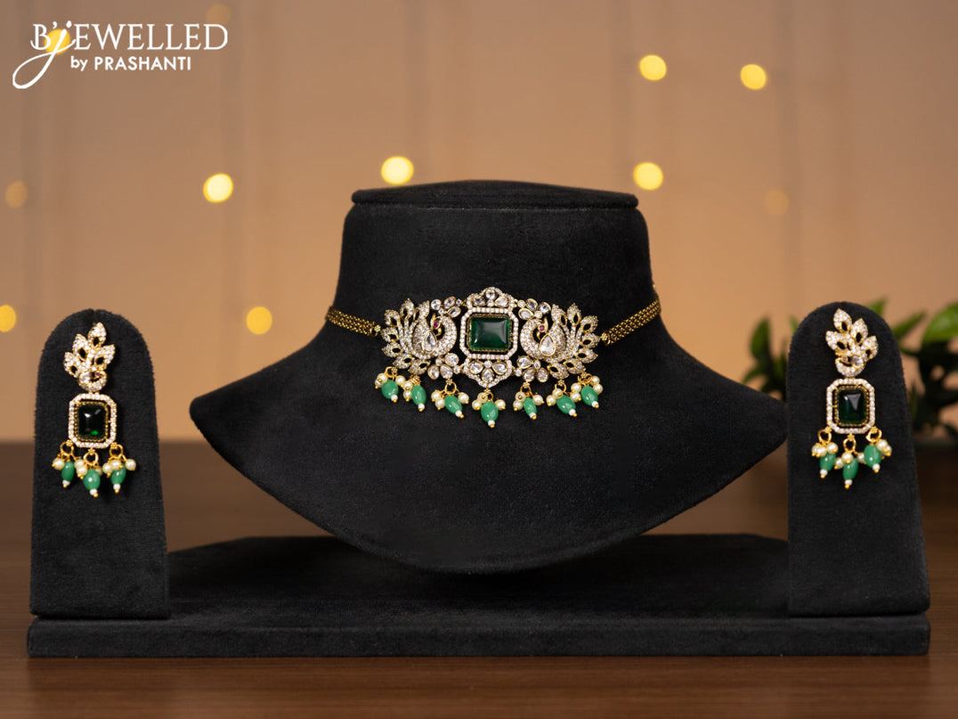 Victorian finish choker peacock design with emerald & cz stones and beads hanging