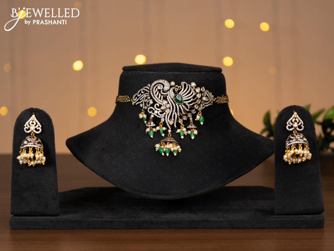 Victorian finish choker peacock design with emerald & cz stones and beads hangings
