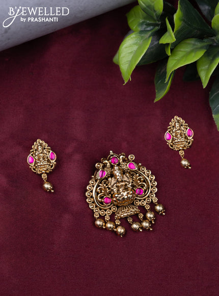 Antique pendant set lakshmi design with ruby stones and golden beads hanging