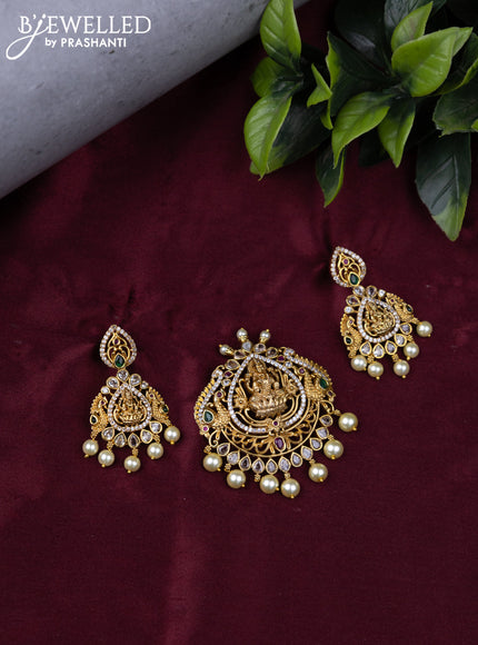 Antique pendant set lakshmi design with kemp & cz stones and pearl hangings