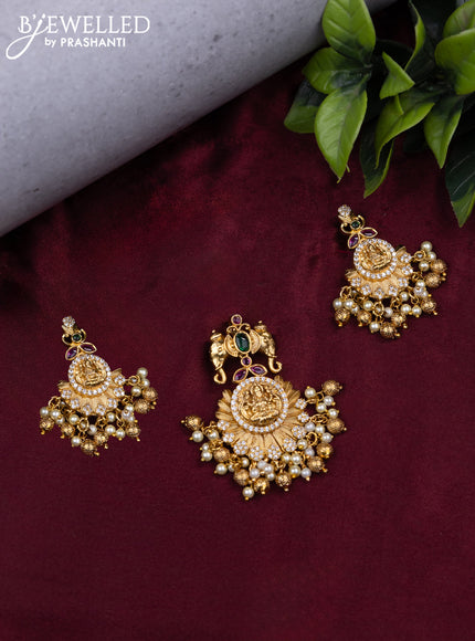 Antique pendant set lakshmi design with kemp & cz stones and golden beads hangings