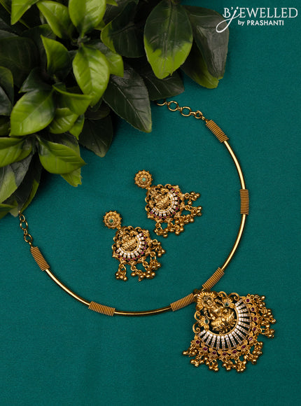 Antique ring type choker lakshmi design with kemp & cz stones and golden beads hanging