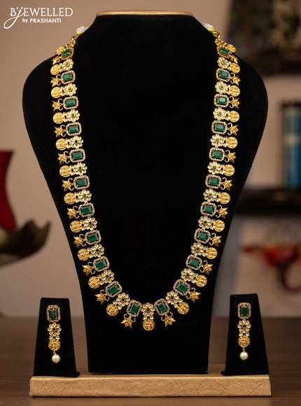 Antique haaram ram darbar design with green kemp & cz stones and pearl hangings