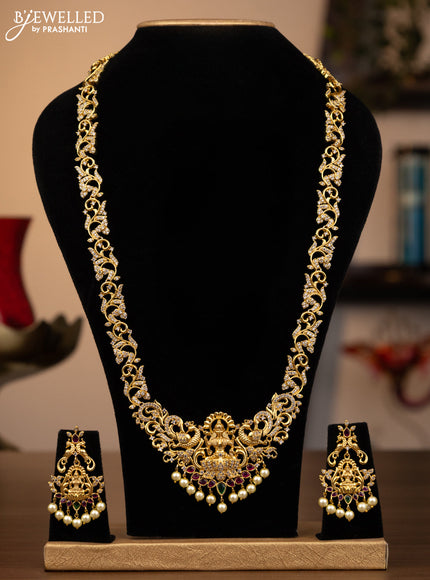 Antique haaram lakshmi design with kemp & cz stones and pearl hangings