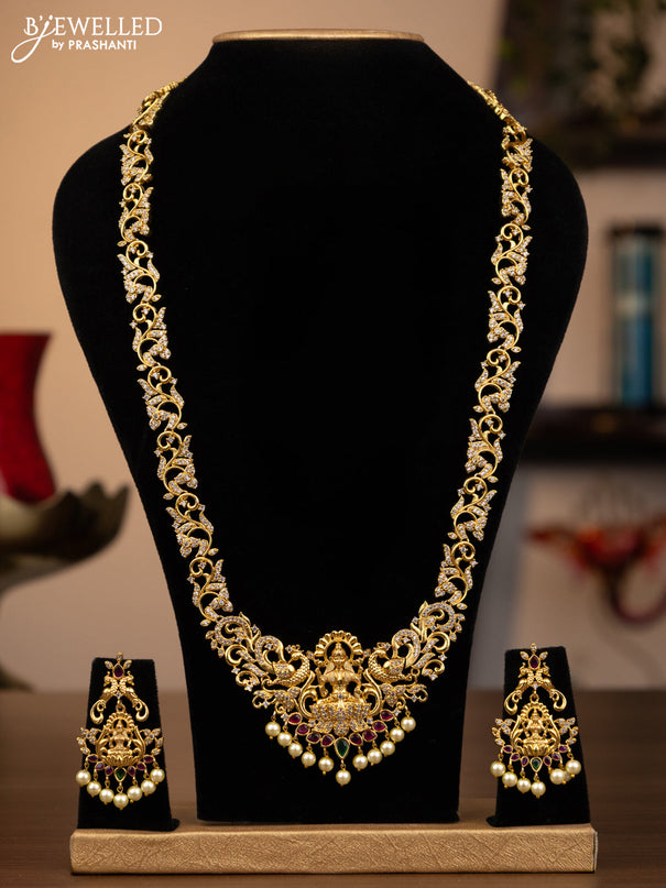 Antique haaram lakshmi design with kemp & cz stones and pearl hangings