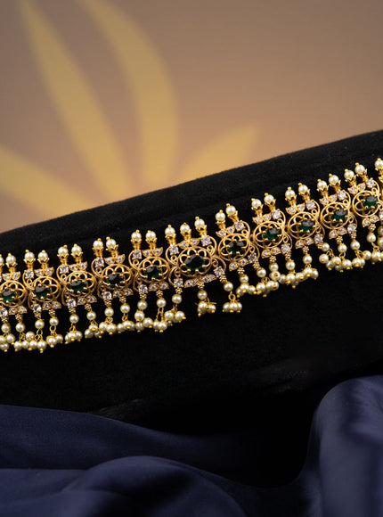 Antique hip chain with green kemp & cz stones and pearl hangings