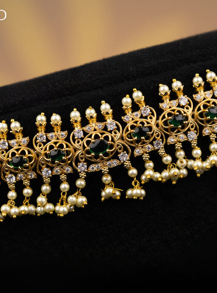 Antique hip chain with green kemp & cz stones and pearl hangings