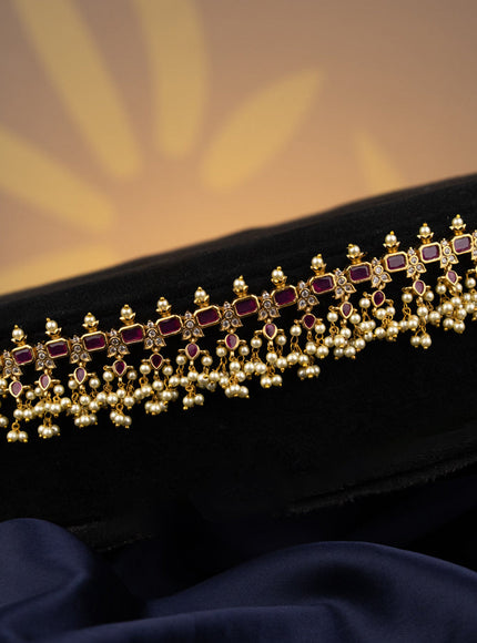 Antique hip chain with pink kemp & cz stones and pearl hangings