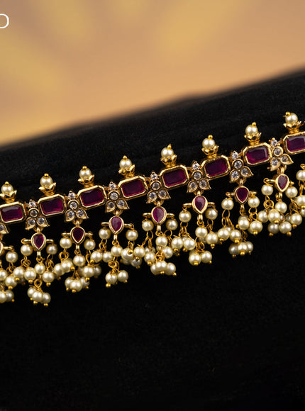 Antique hip chain with pink kemp & cz stones and pearl hangings