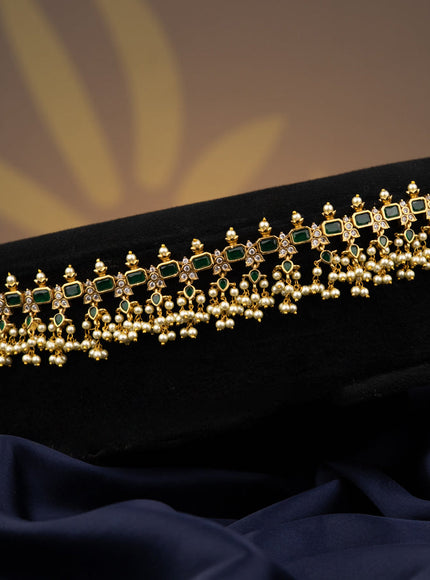 Antique hip chain with green kemp & cz stones and pearl hangings