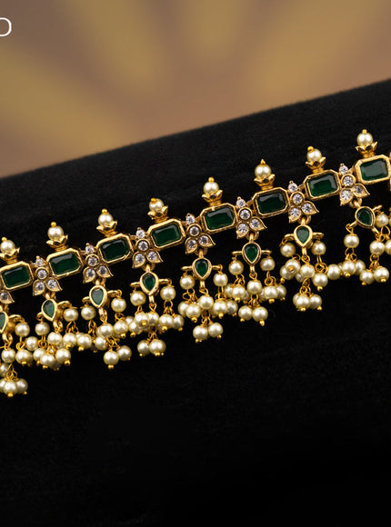 Antique hip chain with green kemp & cz stones and pearl hangings