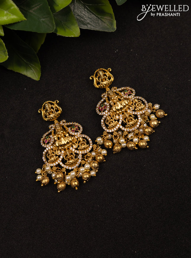 Antique earrings lakshmi design with kemp & cz stones and pearl hangings