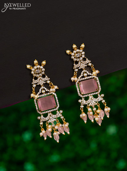Earrings with baby pink & cz stones and beads hanging in victorian finish