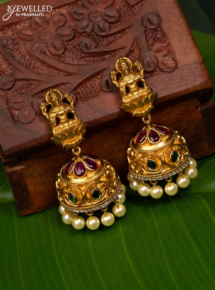 Antique jhumka lakshmi design with kemp & cz stones and pearl hangings