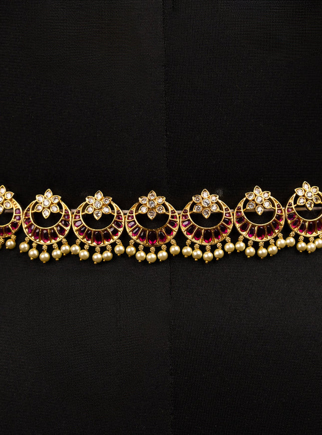 Antique bridal set chandbali design with pink kemp & cz stones and pearl hangings