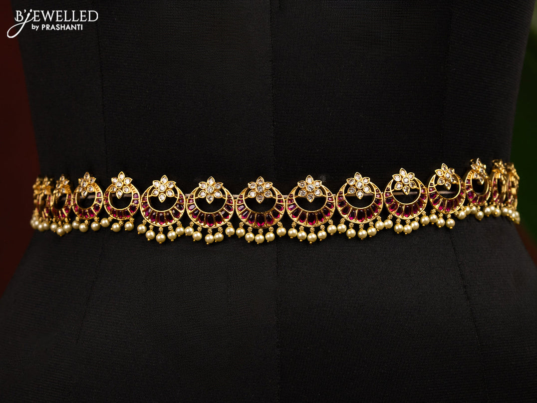 Antique bridal set chandbali design with pink kemp & cz stones and pearl hangings