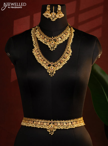 Antique guttapusalu bridal set lakshmi design with kemp & cz stones and pearl hangings