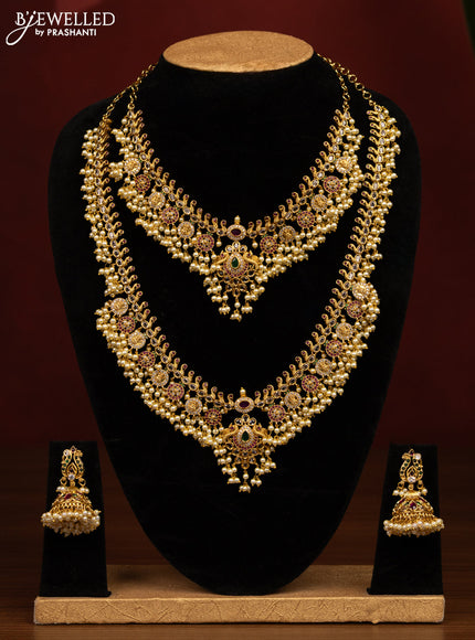 Antique guttapusalu bridal set lakshmi design with kemp & cz stones and pearl hangings