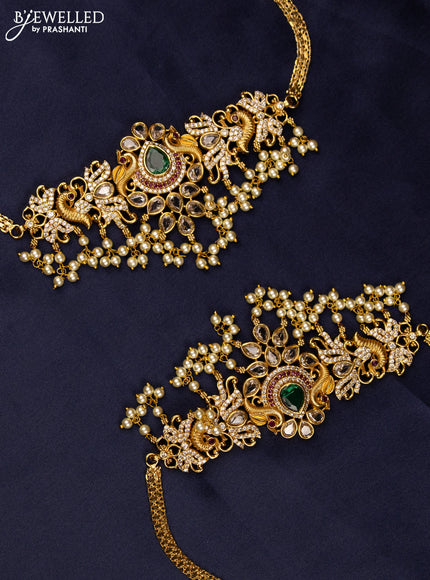 Antique guttapusalu bridal set lakshmi design with kemp & cz stones and pearl hangings