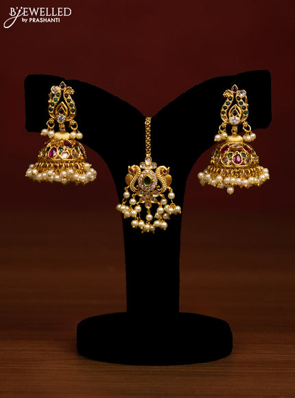 Antique guttapusalu bridal set lakshmi design with kemp & cz stones and pearl hangings