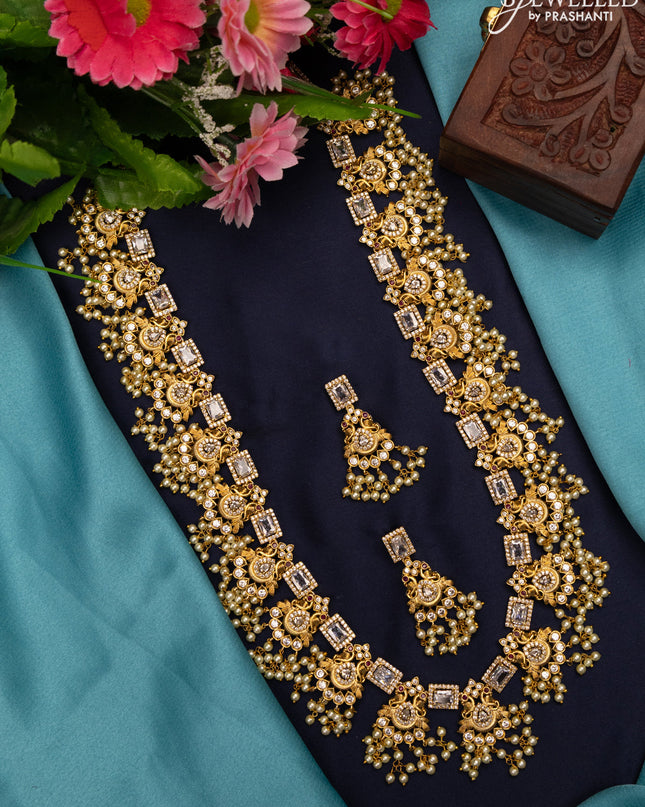 Antique Guttapusalu haaram peacock design with cz stones and pearl hangings