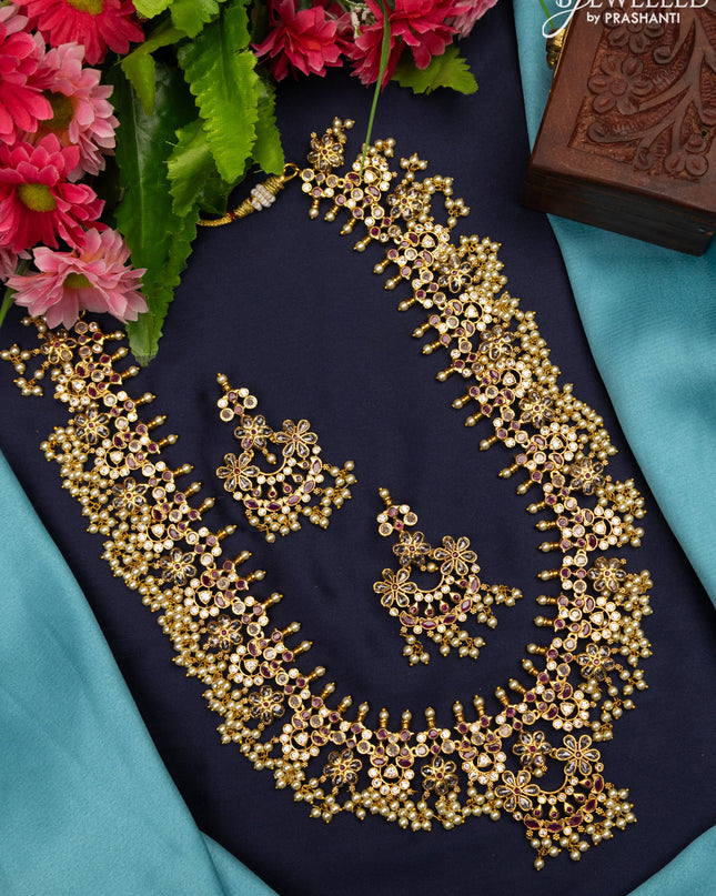 Antique Guttapusalu haaram with pink kemp & cz stones and pearl hangings