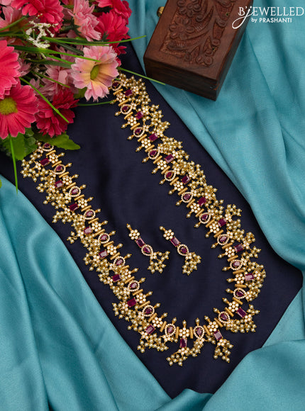 Antique Guttapusalu haaram with pink kemp & cz stones and pearl hangings