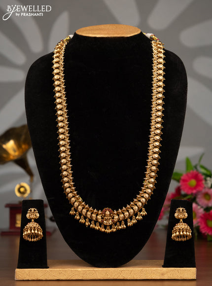 Antique haaram peacock design with pink kemp stones and golden beads hanging