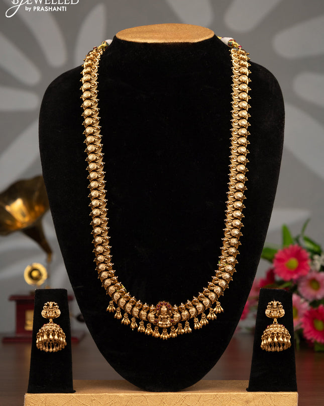 Antique haaram peacock design with pink kemp stones and golden beads hanging