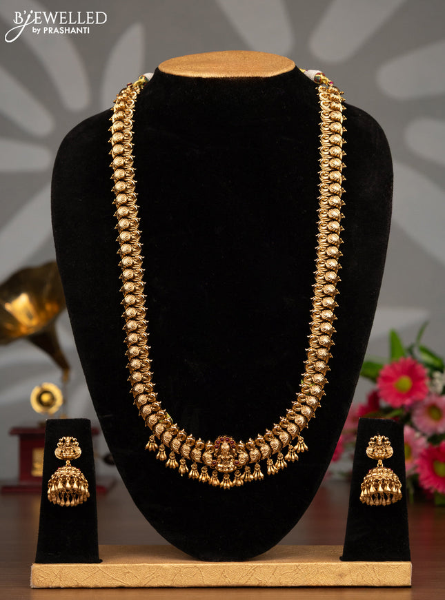 Antique haaram peacock design with pink kemp stones and golden beads hanging