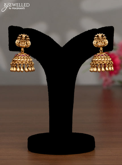 Antique haaram peacock design with pink kemp stones and golden beads hanging