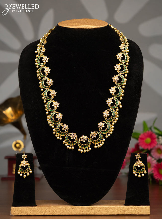 Antique haaram chandbali design with green kemp & cz stones and pearl  hangings