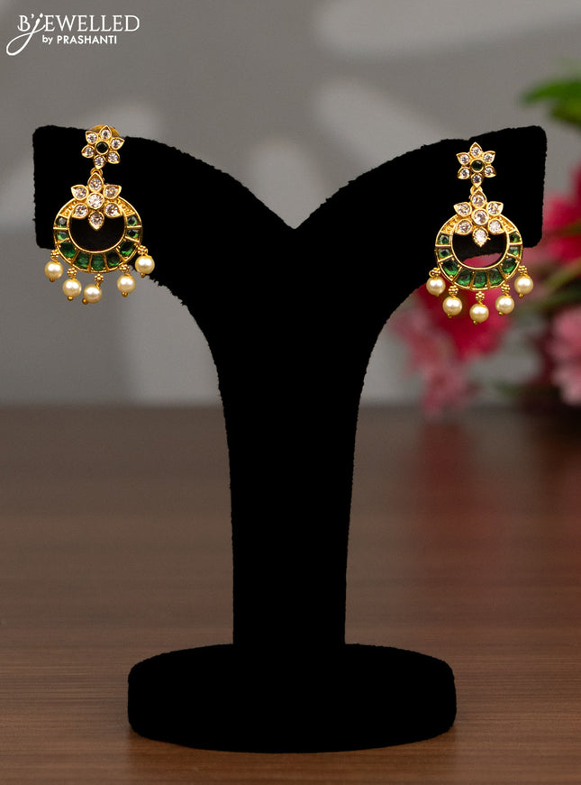 Antique haaram chandbali design with green kemp & cz stones and pearl  hangings