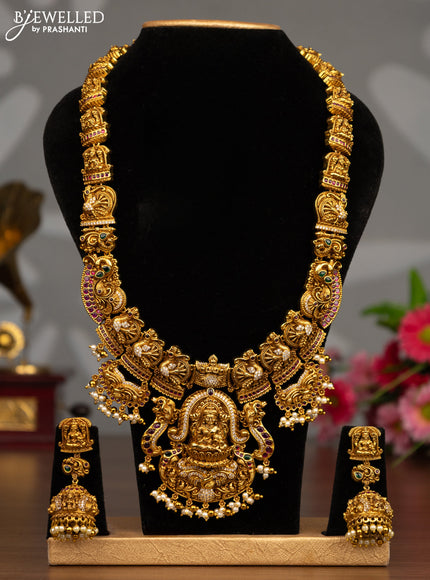 Antique haaram lakshmi design with kemp & cz stones and pearl hangings