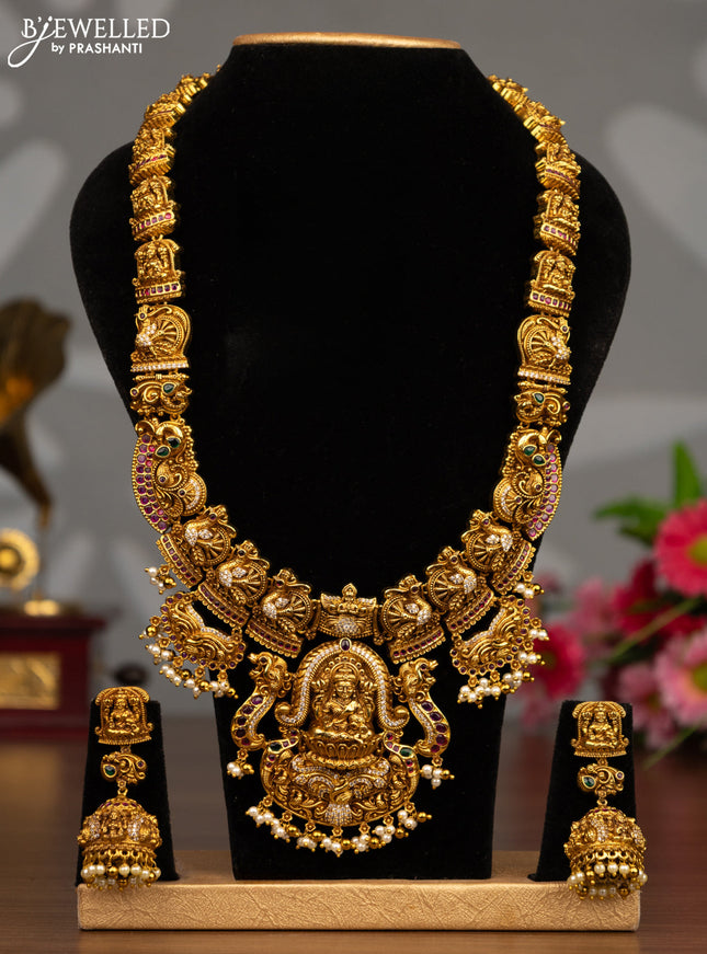 Antique haaram lakshmi design with kemp & cz stones and pearl hangings
