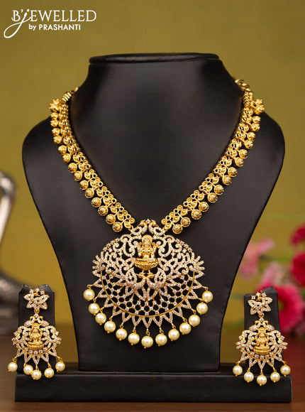 Antique necklace lakshmi design with cz stones and pearl hangings