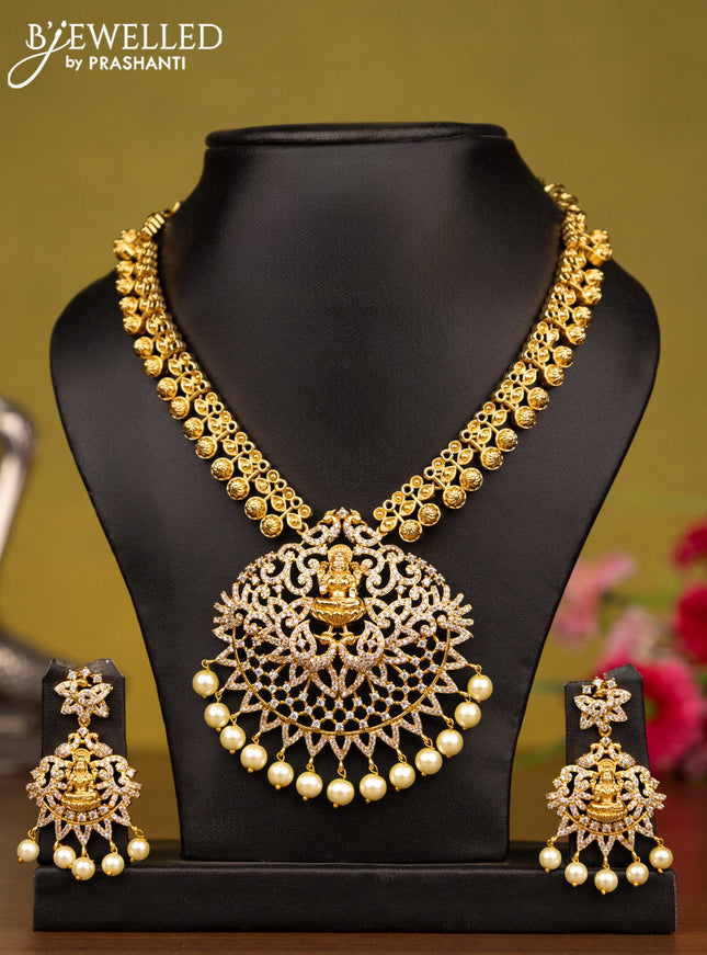 Antique necklace lakshmi design with cz stones and pearl hangings