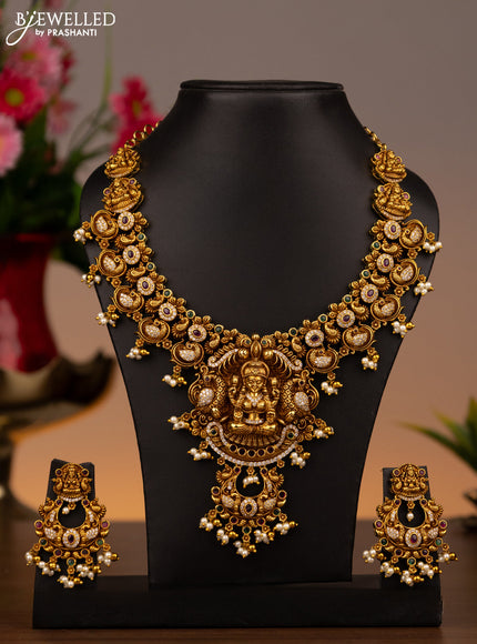 Antique necklace lakshmi design with kemp & cz stones and pearl hangings