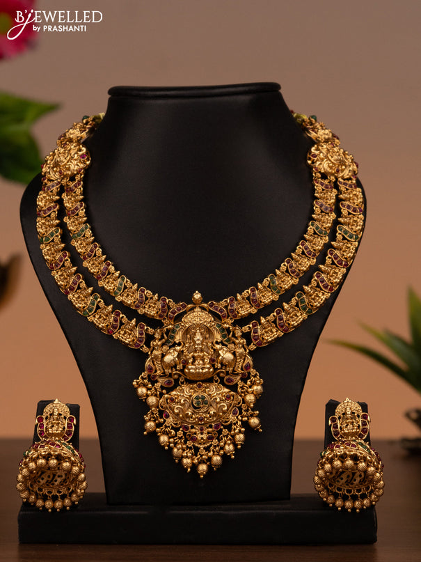 Antique double layer necklace lakshmi design with kemp stones and golden beads hanging