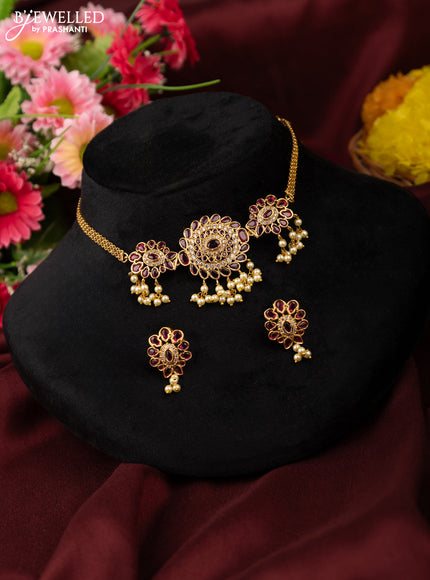 Antique choker with pink kemp & cz stones and pearl hangings