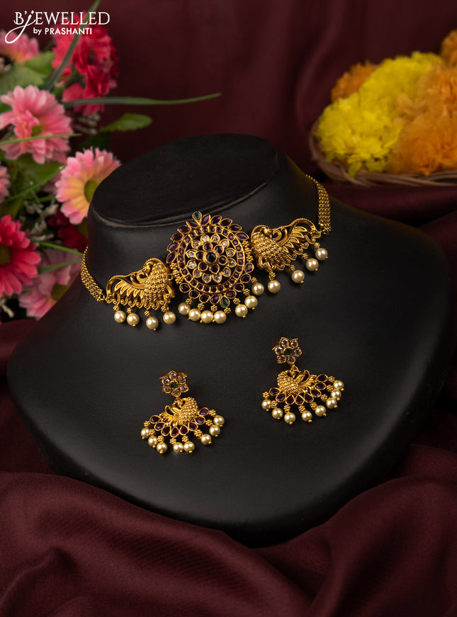Antique choker peacock design with kemp & cz stones and pearl hangings