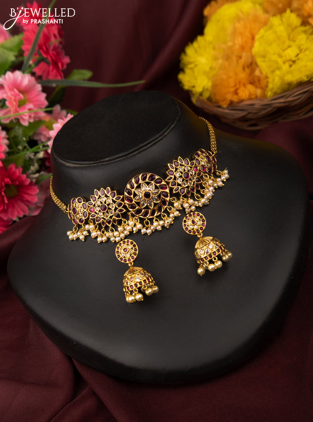 Antique choker with pink kemp & cz stones and pearl hangings